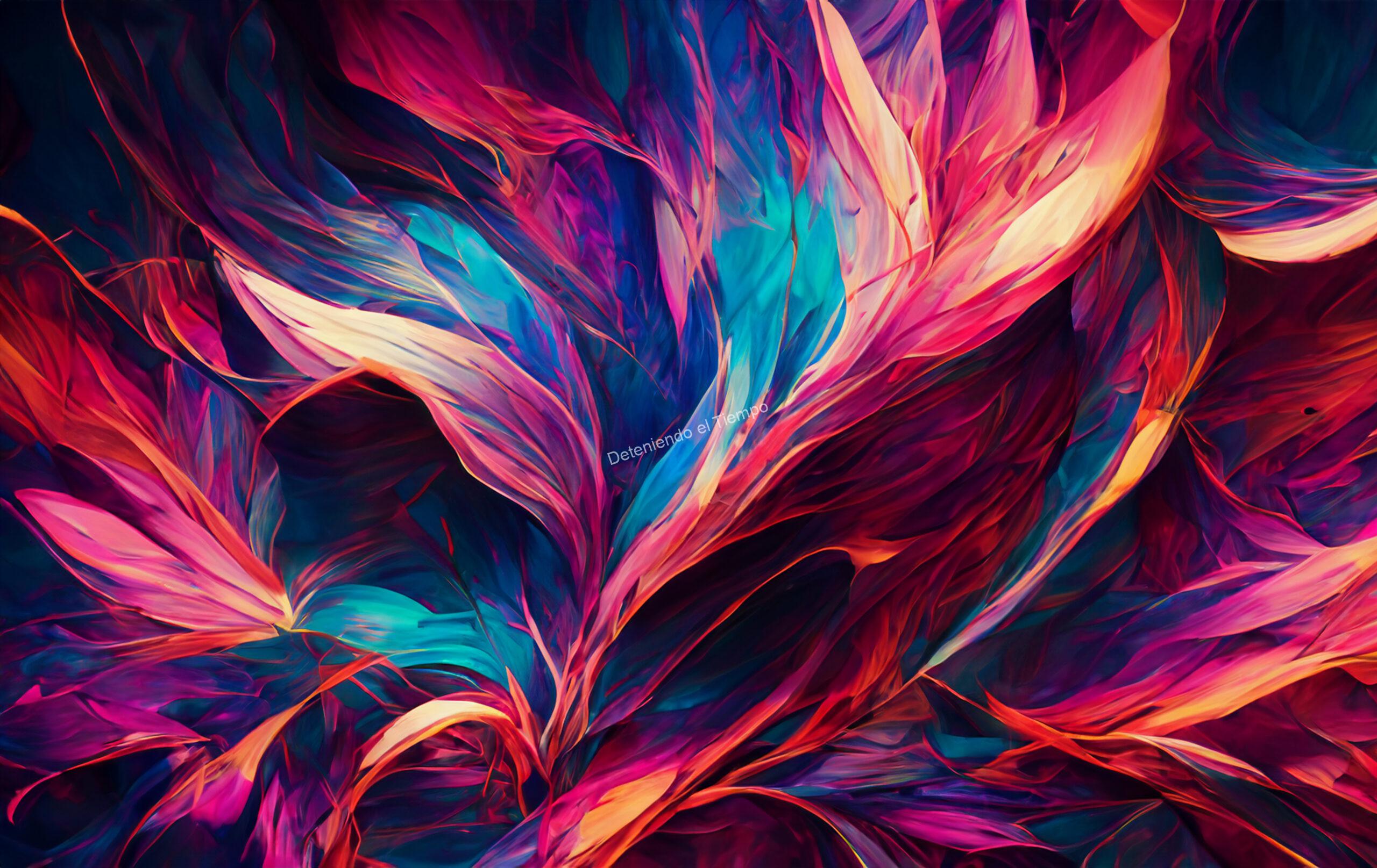Composición abstracta de formas fluidas y colores vibrantes donde los tonos magenta, azul y violeta se entrelazan creando una sensación de movimiento constante. Una obra visual contemporánea llena de dinamismo y emoción.