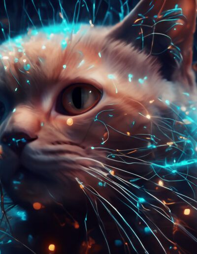 cat, kitten, feline, artificial intelligence, digital pet, cyber cat, futuristic animal, technology, neon, glowing, cyberpunk, digital art, fantasy cat, futuristic portrait, neural network, blue light, virtual pet, sci fi, innovation, digital world, surreal, futuristic design, animal portrait, cybernetic, machine learning, ai art, electric energy, data flow, fantasy, whiskers, cute cat, digital transformation, virtual reality, abstract, high tech, robotic concept, futuristic creature, dreamlike, imagination, modern technology, glowing particles, cyber future, innovation concept, artistic portrait, science fiction, neural connections, digital illustration, advanced technology, electronic art, future