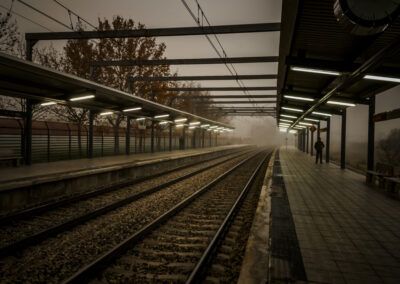 estación ferroviaria, persona esperando, andén, niebla, vías del tren, espera, soledad, transporte público, otoño, viaje, luces, perspectiva, ambiente melancólico, cercanías, misterio.