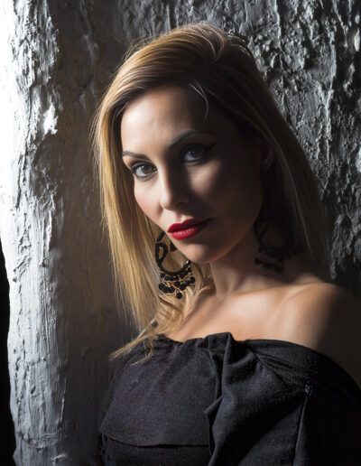 mujer, retrato, vestido negro, pared texturizada, luz lateral, dramatismo, maquillaje, labios rojos, elegancia, moda, sombra, fotografía artística, mirada, contraste, estudio.