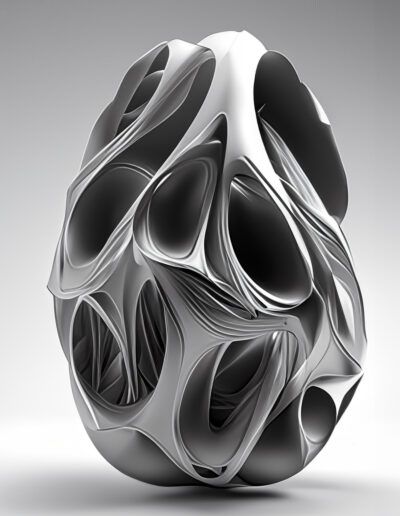 arte abstracto, forma orgánica, escultura digital, diseño 3D, metal, curvas, cavidades, geometría, futurismo, superficie pulida, monocromo, render, arte contemporáneo, objeto conceptual, diseño paramétrico.
