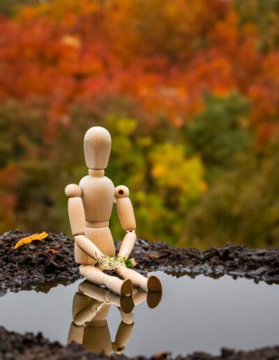 maniquí de madera, otoño, reflejo, charco, flores, figura articulada, naturaleza, contemplación, soledad, colores otoñales, profundidad de campo, bokeh, fotografía conceptual, serenidad, melancolía.