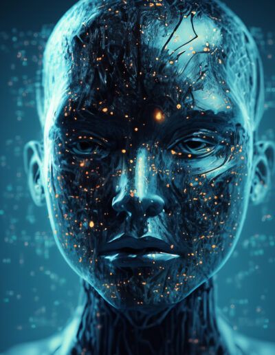 rostro humanoide, inteligencia artificial, cyborg, retrato futurista, tecnología, ciencia ficción, azul neón, partículas luminosas, androide, robot, arte digital, conciencia artificial, innovación, realidad virtual, fondo tecnológico.