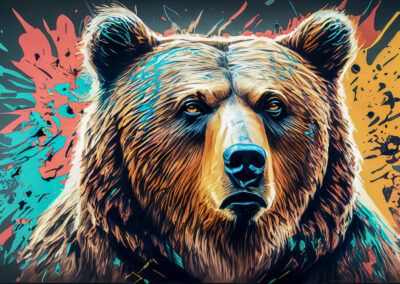 oso pardo, arte urbano, graffiti, mural, animal salvaje, retrato animal, colores vibrantes, salpicaduras de pintura, ilustración, street art, naturaleza, fauna, arte contemporáneo, fondo oscuro, expresión intensa.