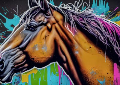 caballo, arte urbano, graffiti, mural, perfil animal, colores vivos, pintura callejera, crin, ilustración animal, street art, arte contemporáneo, fondo negro, equino, expresión, composición colorida.