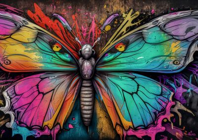 mariposa, alas, simetría, arte urbano, graffiti, mural, colores vibrantes, insecto, transformación, naturaleza, street art, pintura contemporánea, fondo oscuro, arte colorido, composición artística.