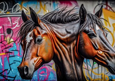 caballos, pareja de caballos, arte urbano, graffiti, mural, animales, equinos, doble retrato, colores intensos, street art, pintura mural, fondo colorido, crines, amistad, composición animal.