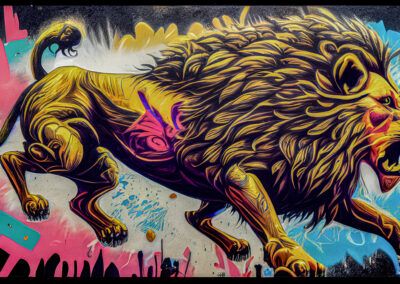 león, felino, carrera, movimiento, fuerza, poder, arte urbano, graffiti, mural, animal salvaje, melena, colores vibrantes, street art, acción, energía.