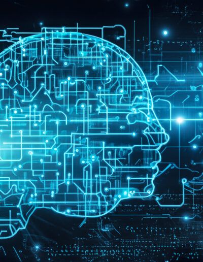 cabeza digital, inteligencia artificial, cerebro tecnológico, circuitos, red neuronal, tecnología, datos, informática, pensamiento, innovación, transformación digital, perfil humano, ciberespacio, conexión, futuro.