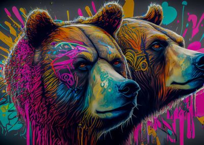 osos, pareja de osos, arte urbano, graffiti, mural, fauna salvaje, retrato animal, colores neón, pintura contemporánea, street art, naturaleza, decoración tribal, fondo negro, animales, composición artística.