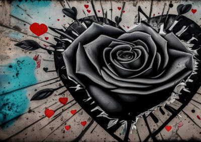 rosa negra, corazón, amor, arte urbano, graffiti, mural, corazones rojos, contraste, romanticismo, flor, street art, fondo texturizado, arte contemporáneo, simbolismo, composición gráfica.