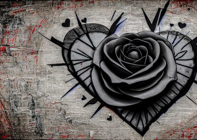 rosa negra, corazón, graffiti, mural, arte urbano, pared envejecida, amor, flor, corazones, textura, street art, gris, rojo, simbolismo, arte callejero.