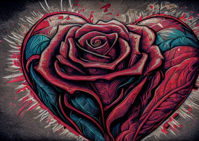 rosa roja, corazón, amor, pasión, arte urbano, graffiti, mural, flor, hojas turquesas, colores intensos, street art, romanticismo, pintura contemporánea, fondo oscuro, simbolismo.
