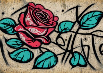 rosa roja, flor, graffiti, arte urbano, mural, hojas turquesas, pared, pintura callejera, amor, romanticismo, naturaleza, colores vivos, ilustración floral, street art, textura.