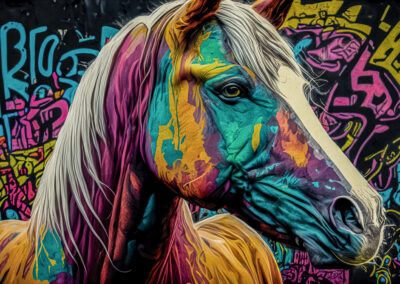 caballo, equino, perfil animal, graffiti, arte urbano, mural, colores vibrantes, crin blanca, street art, pintura contemporánea, retrato animal, turquesa, rosa, amarillo, fondo colorido.