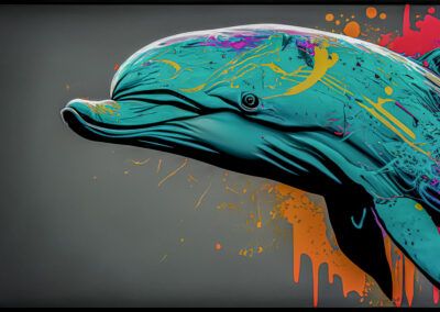 delfín, animal marino, océano, graffiti, arte urbano, mural, turquesa, salpicaduras de pintura, fauna marina, street art, ilustración, colores neón, perfil, naturaleza, arte contemporáneo.