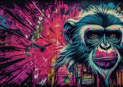 chimpancé, mono, primate, graffiti, arte urbano, mural, retrato animal, colores neón, rosa, turquesa, street art, expresión, fauna, pintura contemporánea, fondo abstracto.