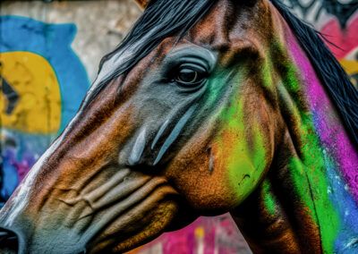 caballo, primer plano, equino, graffiti, mural, arte urbano, colores neón, pintura corporal, retrato animal, crin negra, street art, fondo desenfocado, verde, rosa, azul.