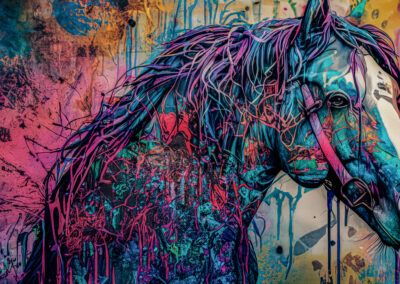caballo, brida, arte abstracto, graffiti, mural, arte urbano, equino, perfil, colores vibrantes, turquesa, rosa, pintura contemporánea, street art, textura, crin.