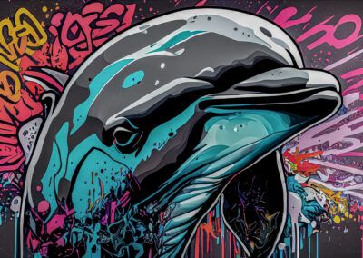 delfín, graffiti, arte urbano, mural, animal marino, océano, street art, colores vivos, turquesa, rosa, ilustración animal, fauna marina, salpicaduras, fondo negro, perfil.