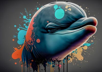 delfín, sonrisa, animal marino, graffiti, mural, arte urbano, azul, turquesa, salpicaduras de pintura, océano, fauna marina, street art, retrato animal, fondo gris, ilustración.