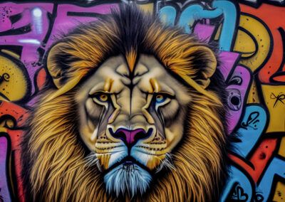 león, retrato frontal, melena, felino, graffiti, arte urbano, mural, animal salvaje, fuerza, poder, street art, colores vivos, fauna, pintura callejera, expresión.