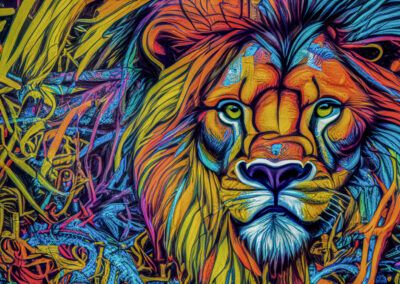 león, felino, arte urbano, graffiti, mural, colores vibrantes, melena multicolor, retrato animal, street art, animal salvaje, pintura contemporánea, amarillo, turquesa, expresión, fondo abstracto.