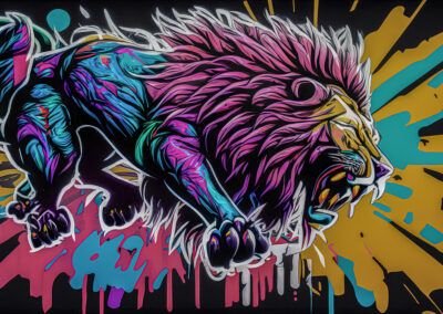 eón, salto, movimiento, acción, felino, graffiti, mural, arte urbano, animal salvaje, fuerza, energía, colores neón, street art, melena, dinamismo.
