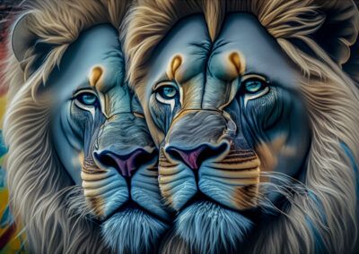 leones, tres leones, retrato múltiple, surrealismo, graffiti, arte urbano, mural, felinos, melena, azul, composición simétrica, street art, animales salvajes, ilustración, fantasía.