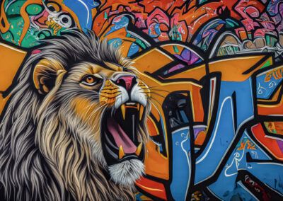 león, rugido, felino, colmillos, graffiti, arte urbano, mural, animal salvaje, fuerza, agresividad, melena, street art, perfil, colores intensos, poder.