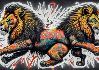 leones, pareja de leones, carrera, movimiento, graffiti, mural, arte urbano, felinos, animales salvajes, acción, colores vibrantes, street art, fuerza, dinamismo, composición simétrica.