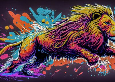 león, carrera, salto, movimiento, arte urbano, graffiti, mural, colores neón, felino, melena, energía, street art, animal salvaje, rosa, amarillo.