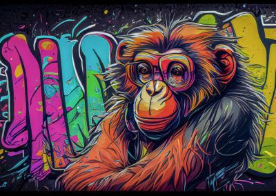 chimpancé, mono, primate, graffiti, arte urbano, mural, colores vivos, retrato animal, street art, naranja, rosa, expresión, fauna, pintura contemporánea, fondo negro.