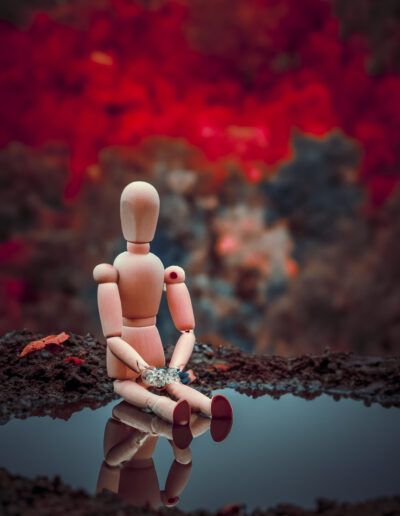 maniquí articulado, otoño rojo, reflejo, agua, flores, figura de madera, colores intensos, bokeh, fotografía artística, contemplación, melancolía, naturaleza, profundidad de campo, escena conceptual, tonos rojizos.