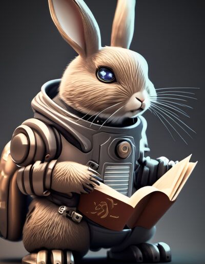 conejo astronauta, animal antropomórfico, libro, lectura, traje espacial, ciencia ficción, educación, fantasía, personaje adorable, arte digital, exploración espacial, conocimiento, ilustración 3D, tecnología, futuro.