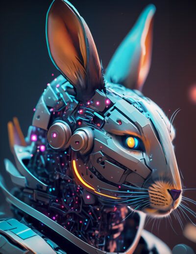 conejo robot, cíborg, animal futurista, tecnología, ciencia ficción, armadura, luces neón, inteligencia artificial, androide, retrato digital, electrónica, cyberpunk, innovación, personaje fantástico, arte 3D.