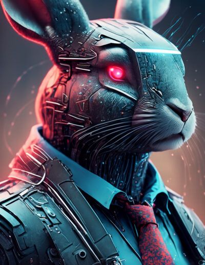 conejo cíborg, robot ejecutivo, traje, corbata roja, tecnología, ciencia ficción, inteligencia artificial, animal antropomórfico, cyberpunk, ojo luminoso, empresa, futuro, retrato, máquina, arte digital.