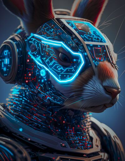 conejo futurista, visor digital, cíborg, robot, tecnología, inteligencia artificial, circuitos, neón azul, realidad aumentada, cyberpunk, retrato animal, ciencia ficción, casco tecnológico, innovación, arte 3D.