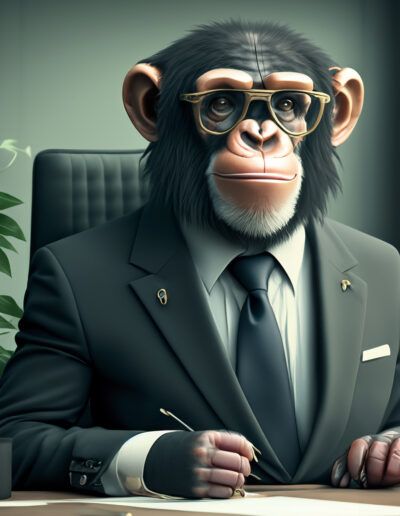 chimpancé ejecutivo, mono con traje, negocios, oficina, empresario, animal antropomórfico, gafas, corbata, liderazgo, trabajo, finanzas, humor, retrato corporativo, arte digital, profesional.