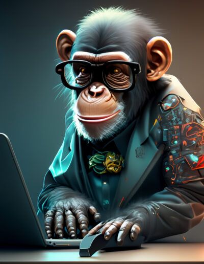 chimpancé informático, mono con ordenador, tecnología, trabajo digital, portátil, oficina, gafas, animal antropomórfico, programación, inteligencia artificial, teletrabajo, cyberpunk, profesional, arte 3D, informática.